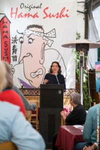 VCHC Executive Director Becky Dennison speaks at the VJAMM Fundraiser at Hama Sushi in April 2016